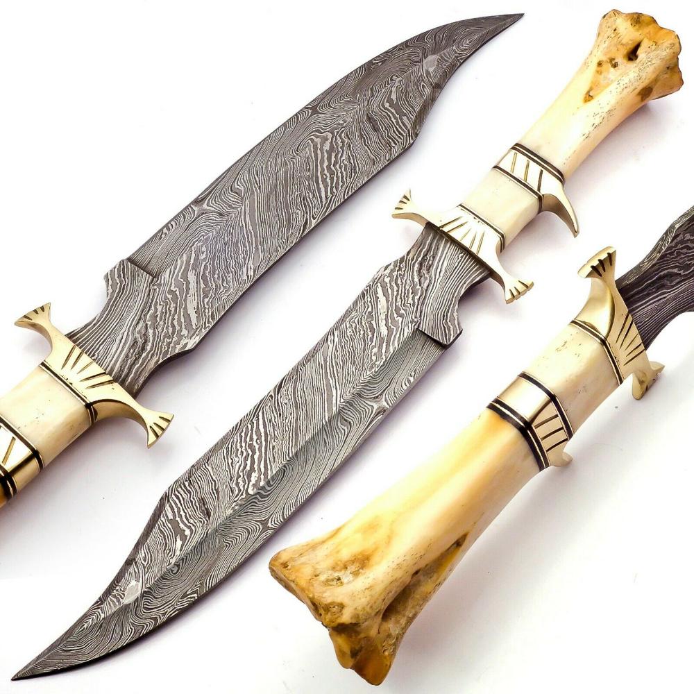 Handmade Damascus Bowie Knife Sharp Blade Camel Bone Handle With Leather Sheath