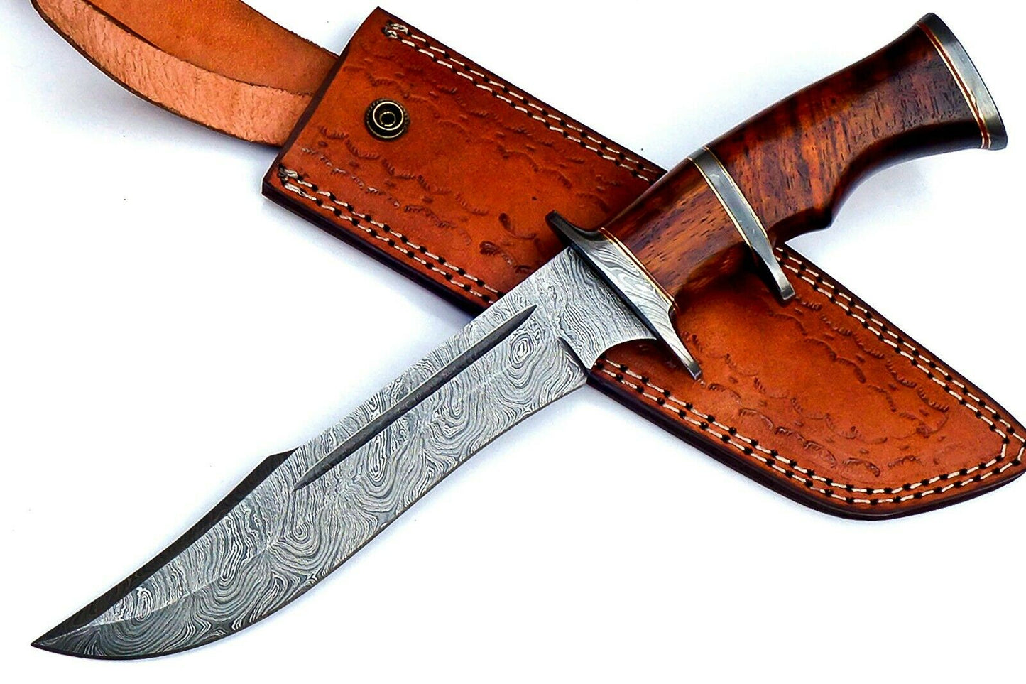 Damascus Fixed Blade Hunting Knife Over 200 Layers With Leather Sheath, Rosewood