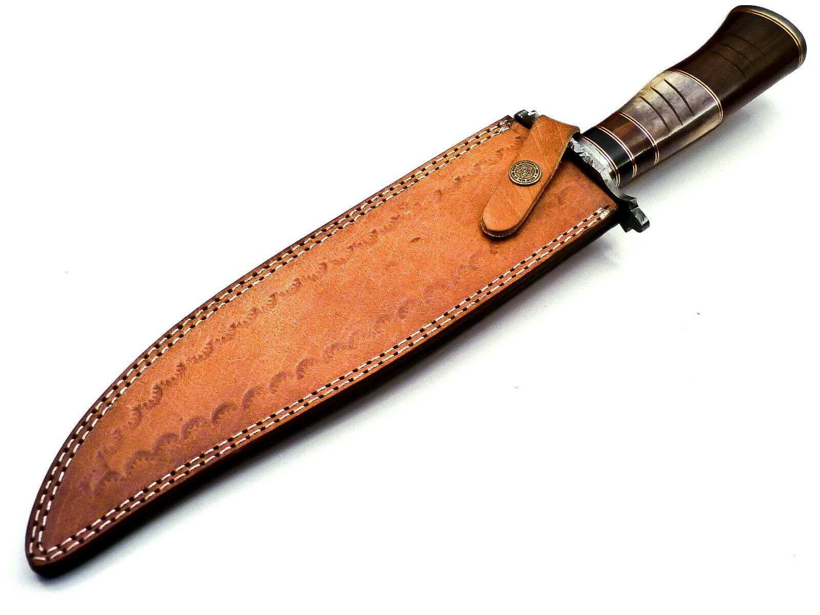 Handmade Damascus Steel 15 Inches Bowie Knife - Rose Wood & Bull Horn Handle