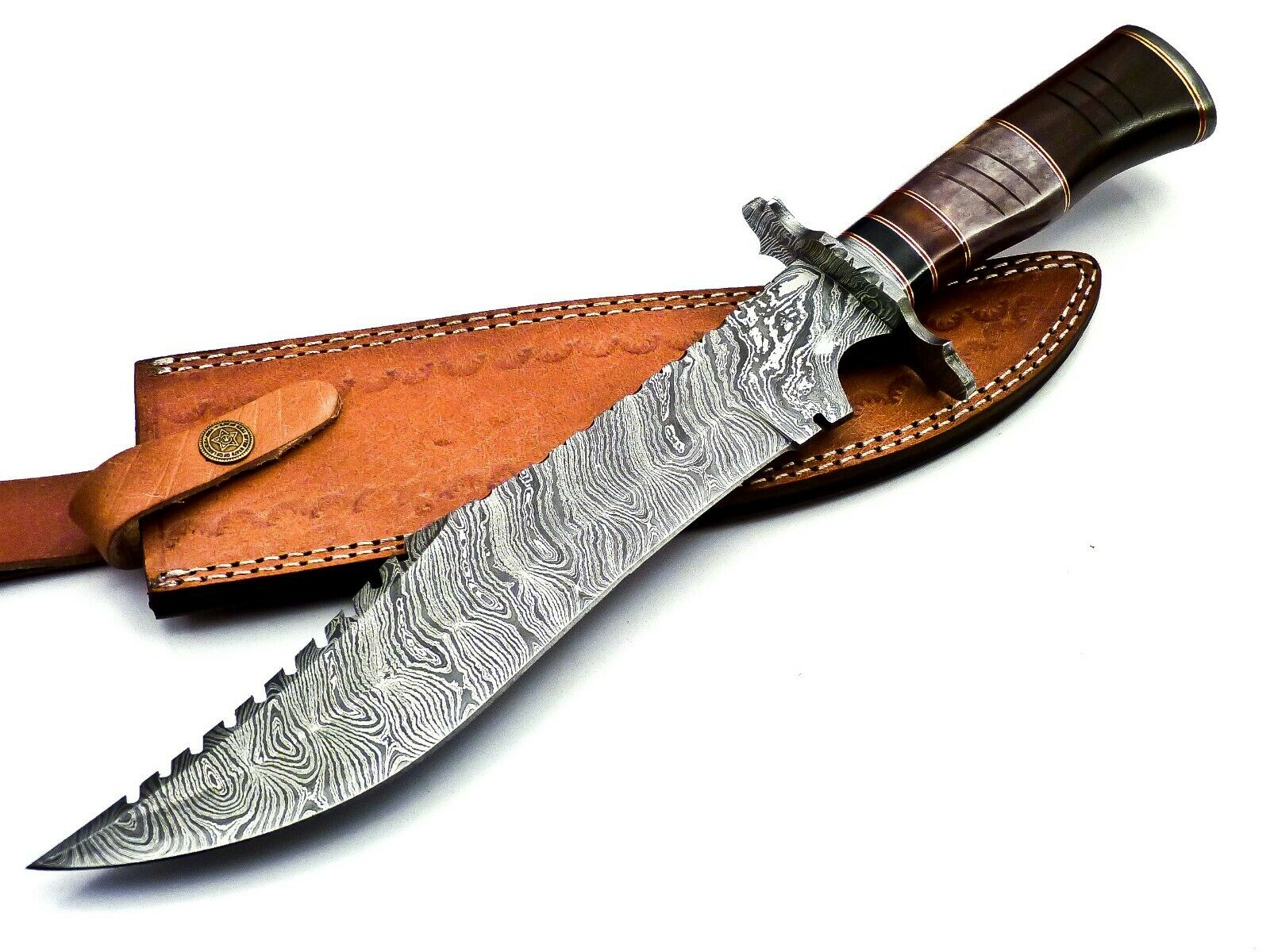 Handmade Damascus Steel 15 Inches Bowie Knife - Rose Wood & Bull Horn Handle