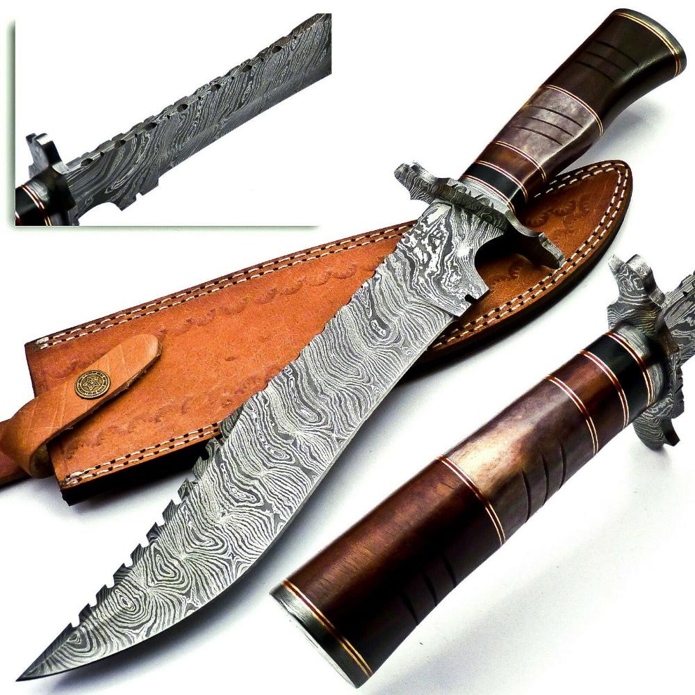 Handmade Damascus Steel 15 Inches Bowie Knife - Rose Wood & Bull Horn Handle