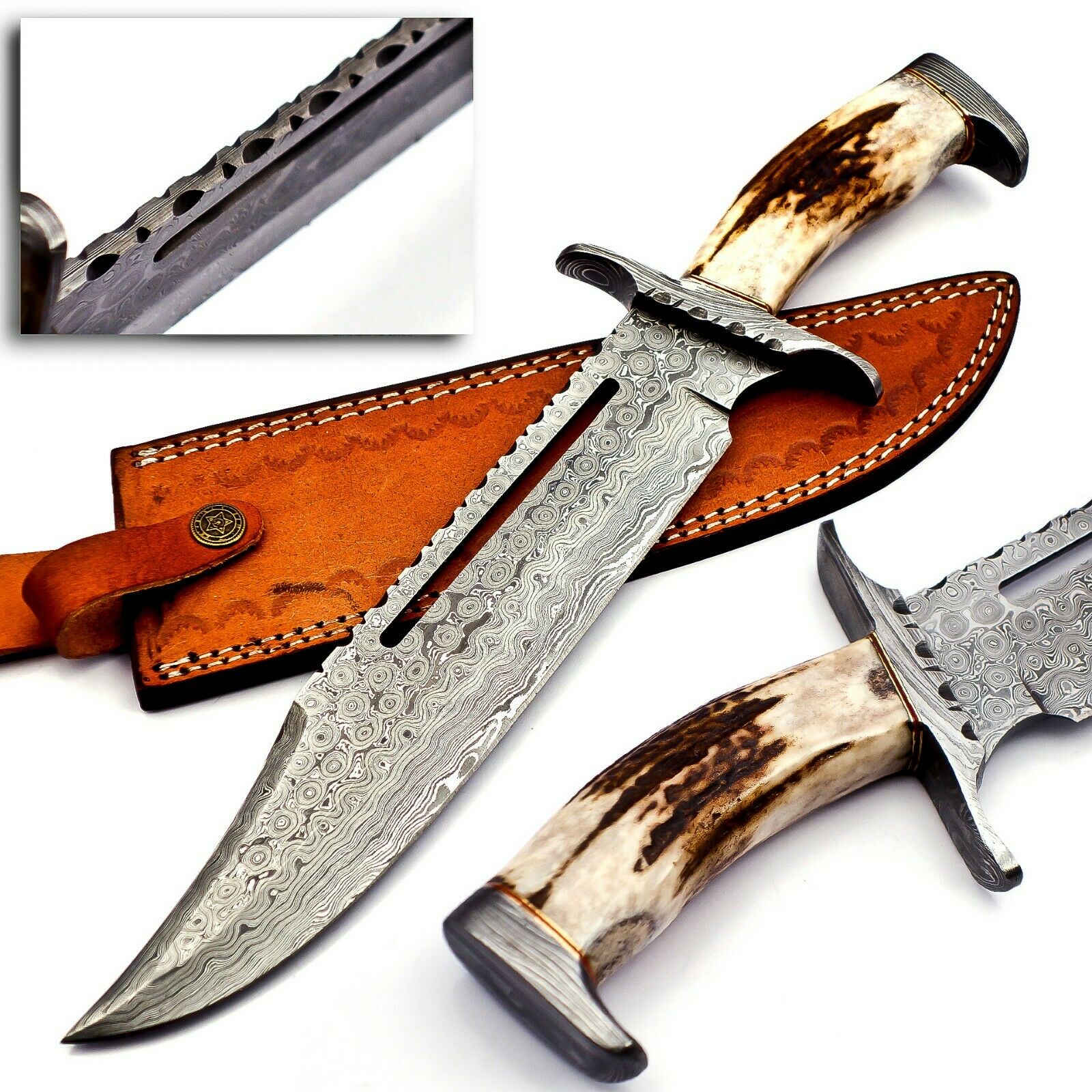 Handmade Damascus Steel Hunting Bowie Knife Stag Handle With Leather Sheath