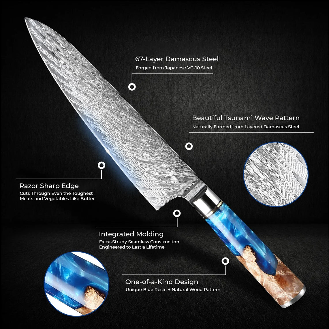 Premium  67-Layer Damascus Steel 8" Chef's Knife with Japanese VG10 Core and Natural Sycamore Wood Handle – Kitchen Tool for Precision Cutting – $189.00