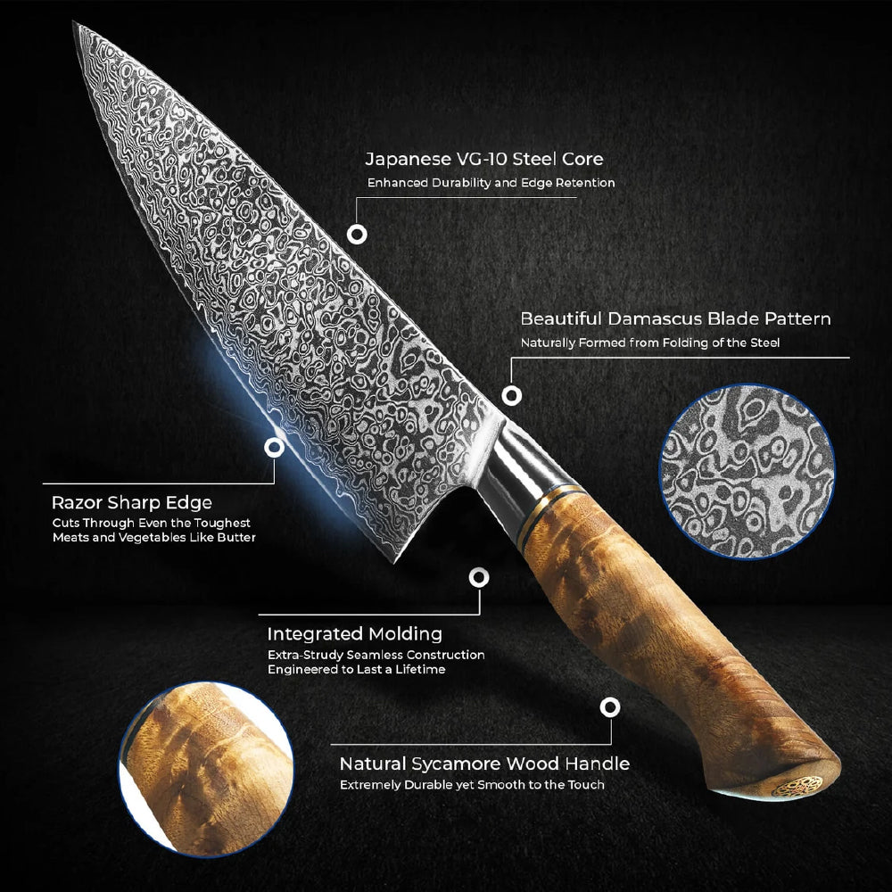 67-Layer Damascus Steel 8" Chef's Knife – Japanese VG10 Steel with Natural Sycamore Wood Handle – Only $189.00