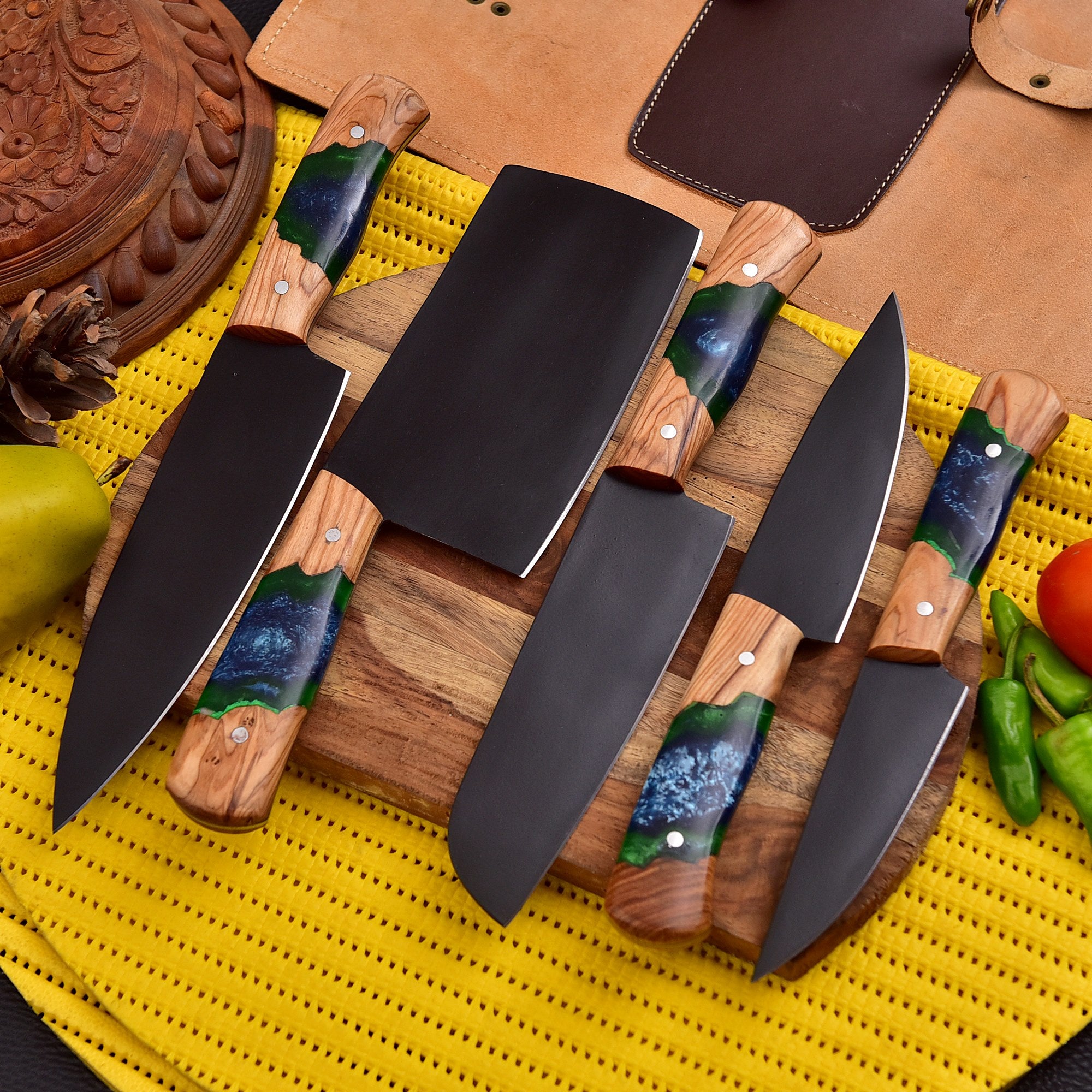 Damascus Chef's Knife Set – 133-Layer Handmade Folding Hunting Knife with Sharpener & Leather Pouch – $99.00