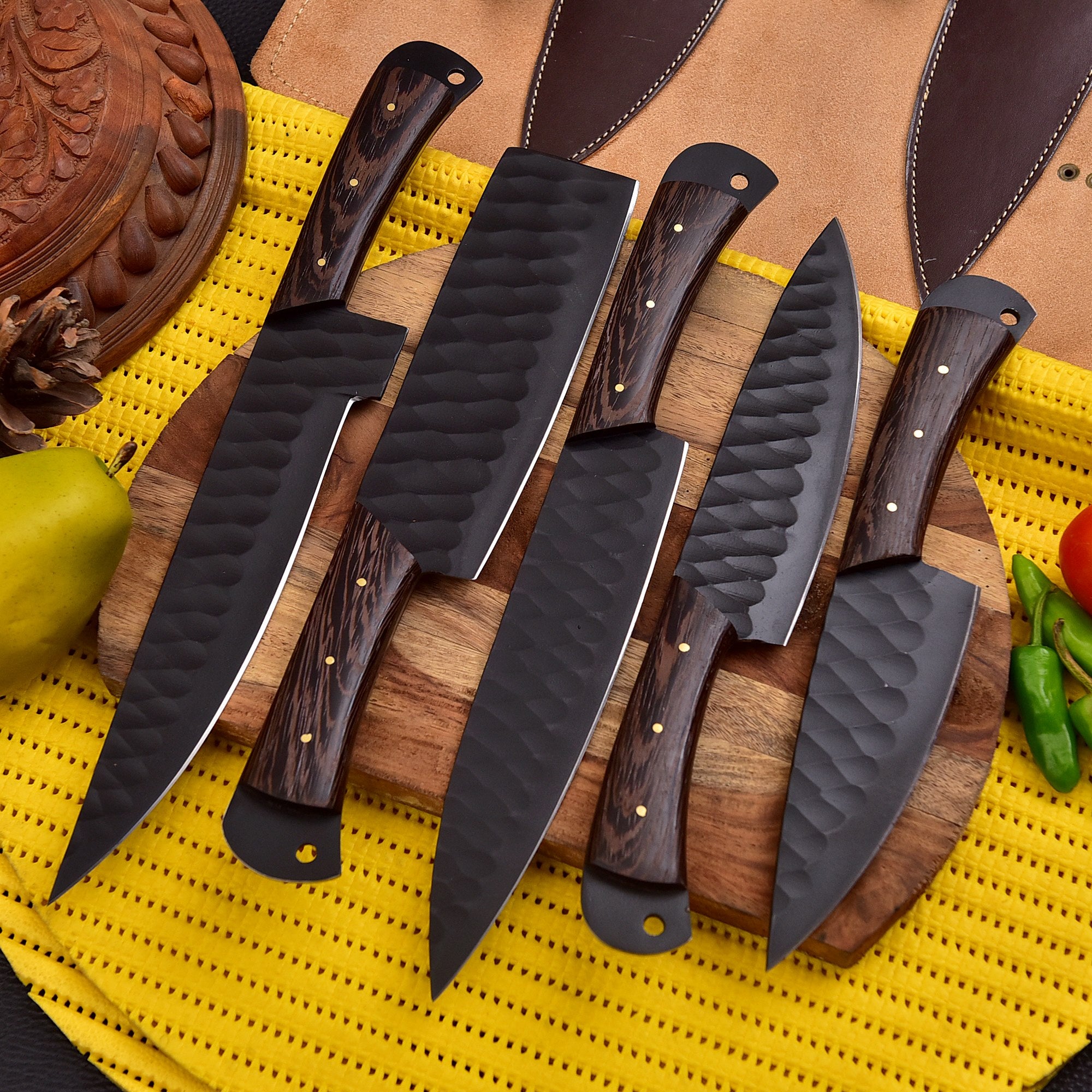 Best Knife Set for Chefs – Carbon Steel 5PC Set with Premium Rolling Leather Bag – Just $145.26