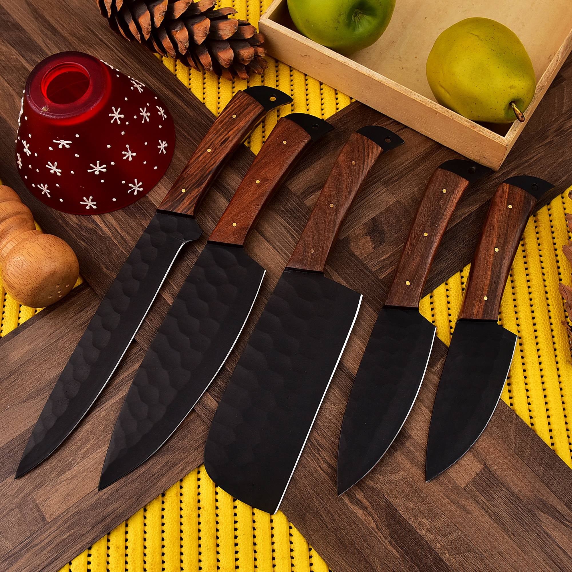 Handmade Carbon Steel Chef Knife Set 5 Pc With Rolling Leather Bag. kitchen Knife Set..