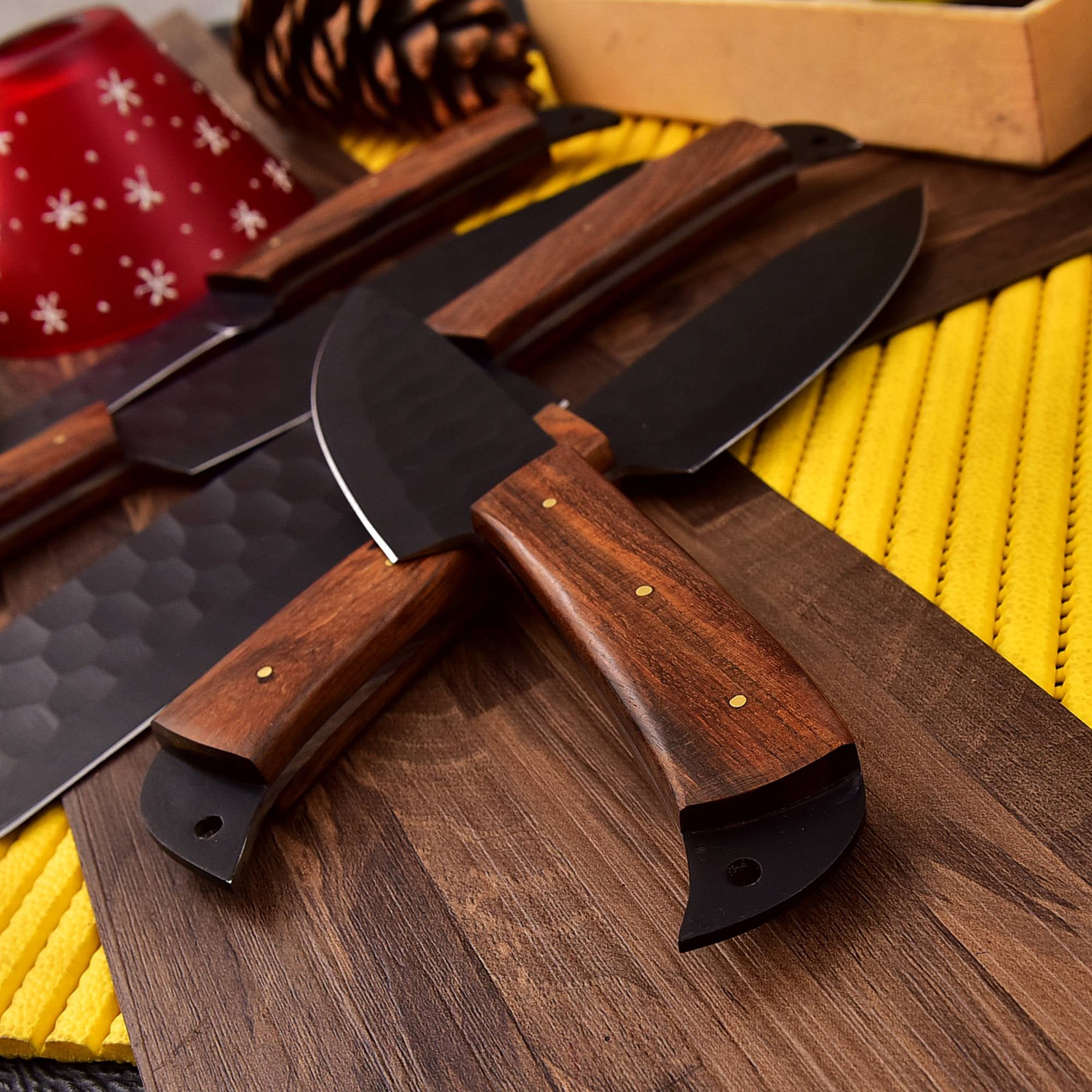 Handmade Carbon Steel Chef Knife Set 5 Pc With Rolling Leather Bag. kitchen Knife Set..