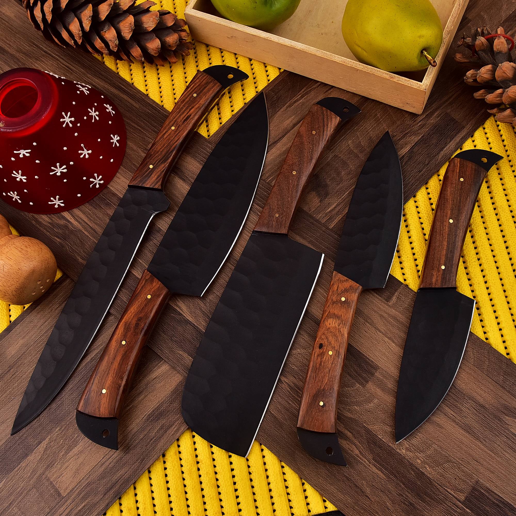 Handmade Carbon Steel Chef Knife Set 5 Pc With Rolling Leather Bag. kitchen Knife Set..