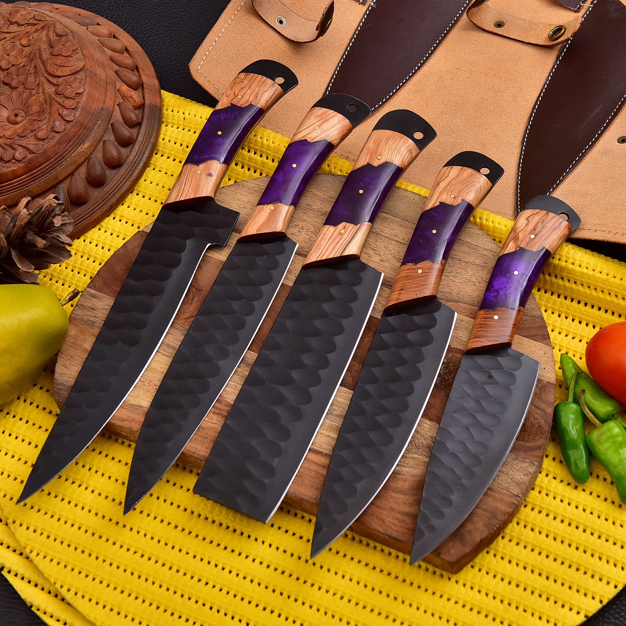 Best Professional Chef Knife Set with Rolling Leather Bag – Handmade Carbon Steel 5PC Set – Only $145.26