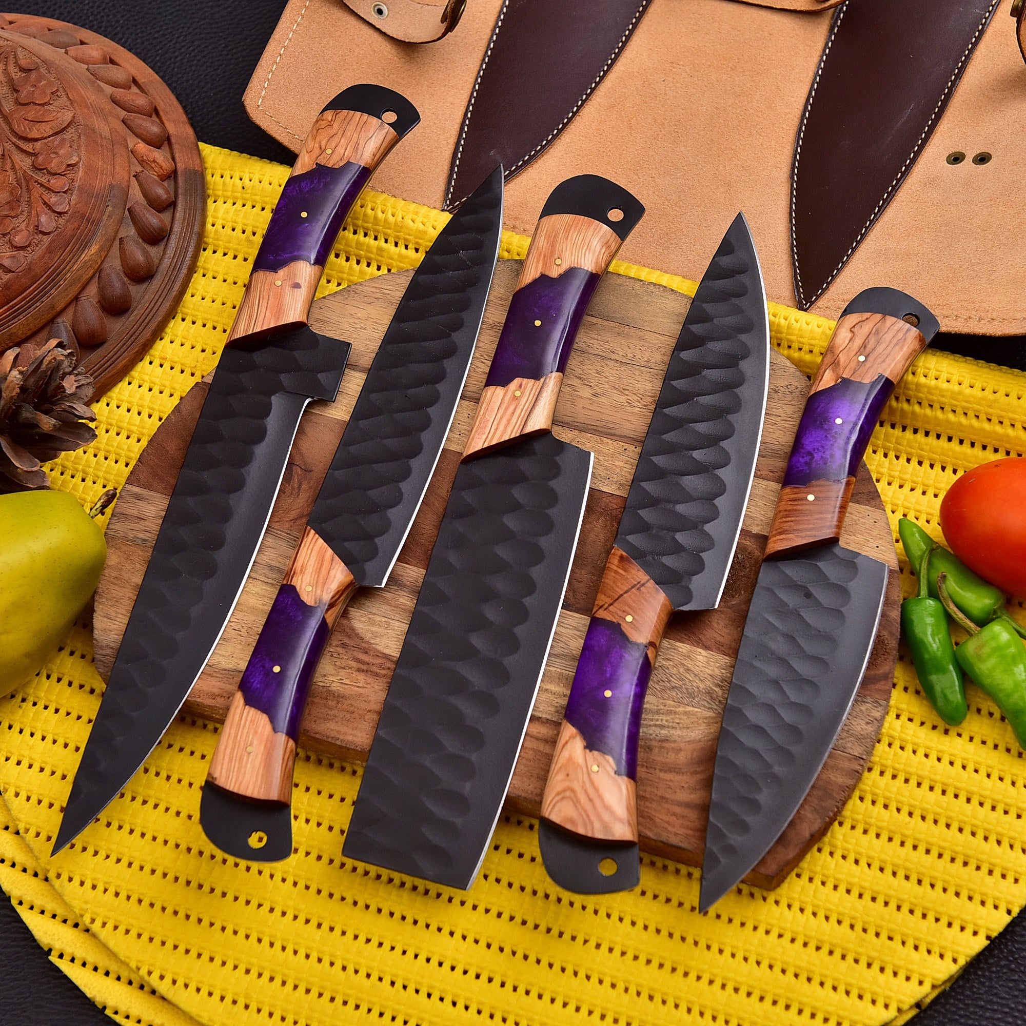 Best Professional Chef Knife Set with Rolling Leather Bag – Handmade Carbon Steel 5PC Set – Only $145.26