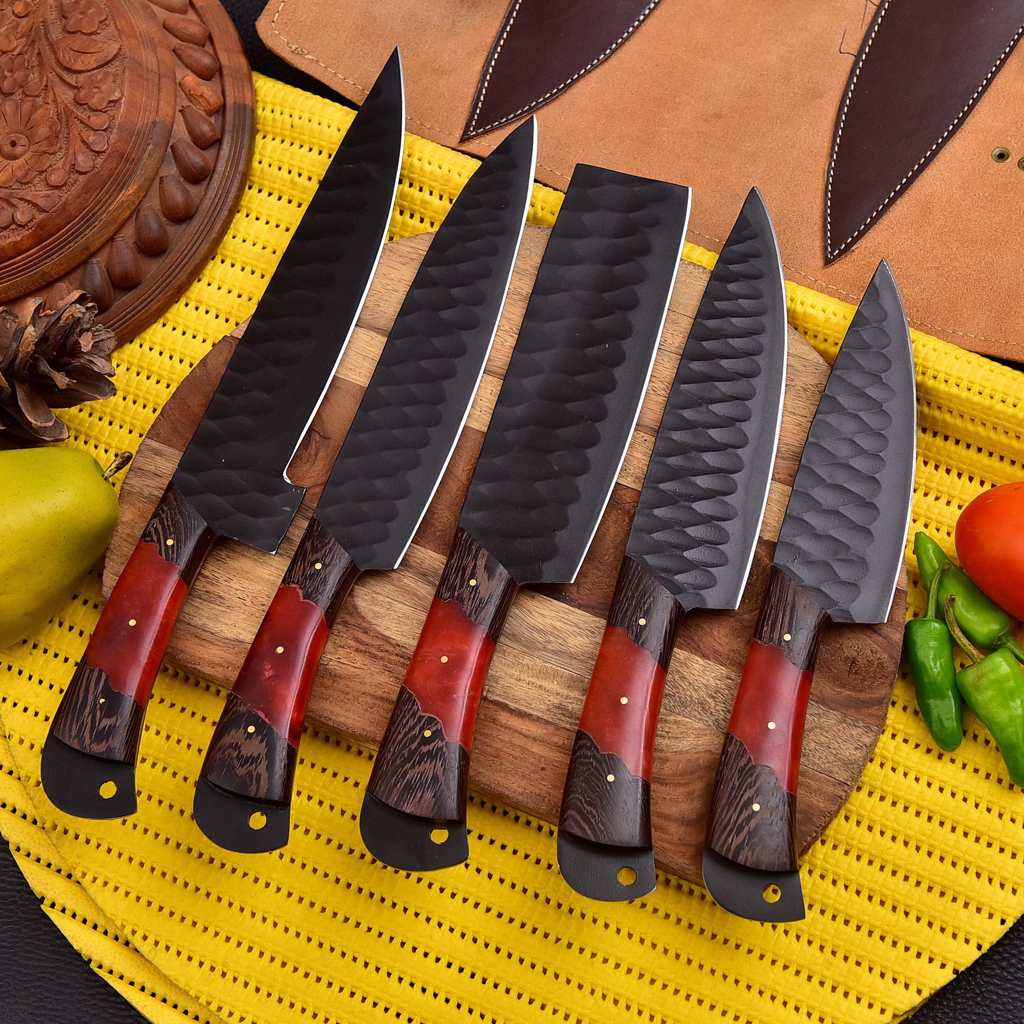 Top Quality Chef Knife and Paring Knife Set – Handmade Carbon Steel Kitchen Knives (5PC) with Roll Bag – $145.26