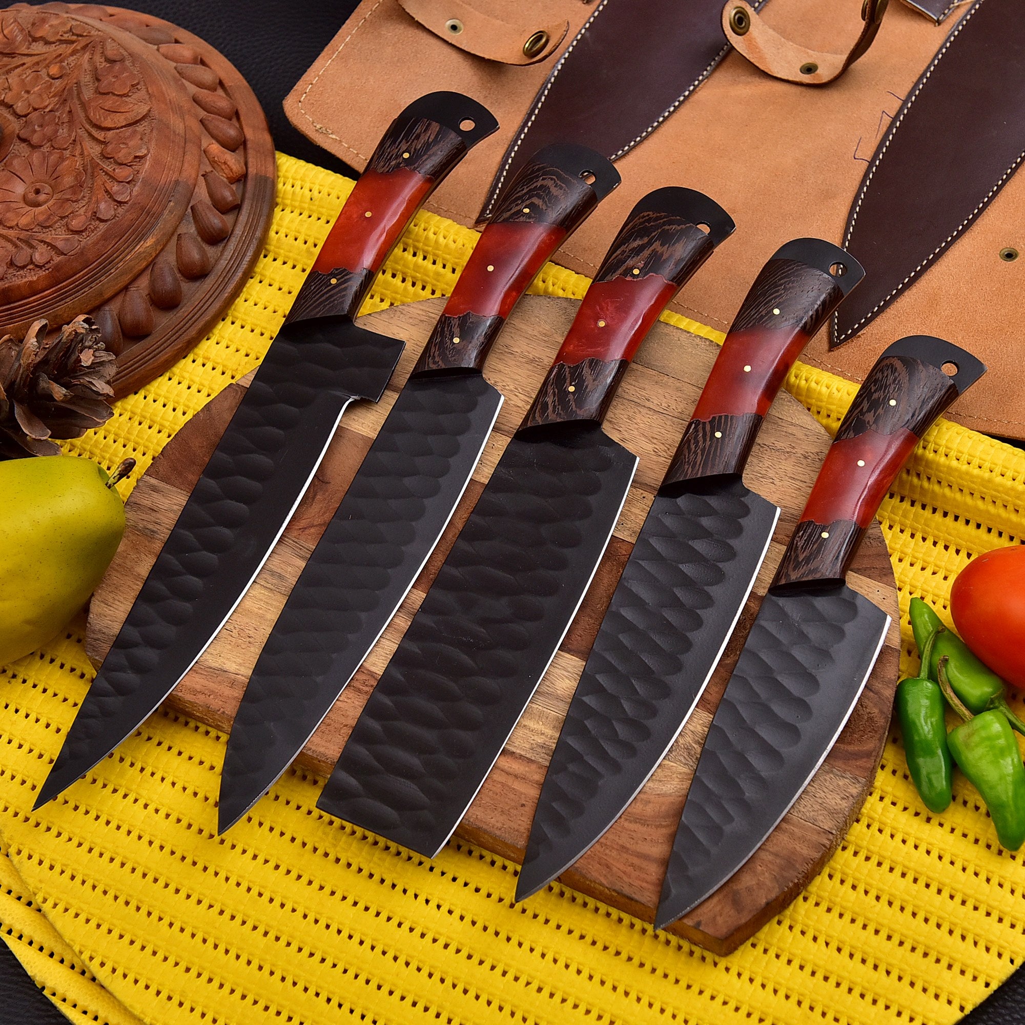 Top Quality Chef Knife and Paring Knife Set – Handmade Carbon Steel Kitchen Knives (5PC) with Roll Bag – $145.26