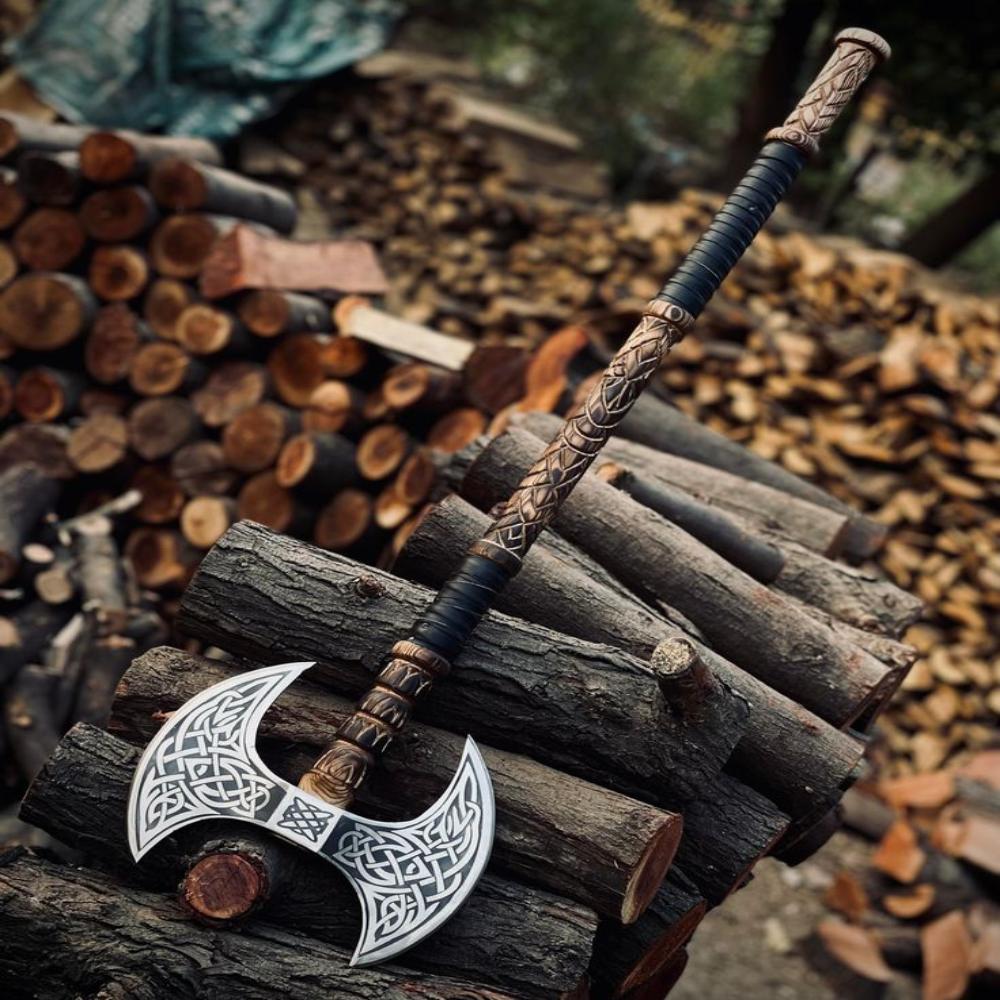 Custom Handmade Double Headed Viking Steel Axe With Engraved Blade Double Bit Axe And Ash Wood Handle, Birthday gift, gift for him