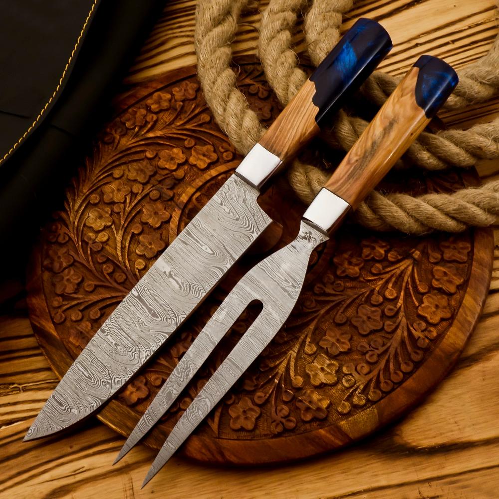 Handmade Damascus Steel Carving Knife and Fork Set – BBQ Roast Knife & Fork Set (2PC) – $90.00