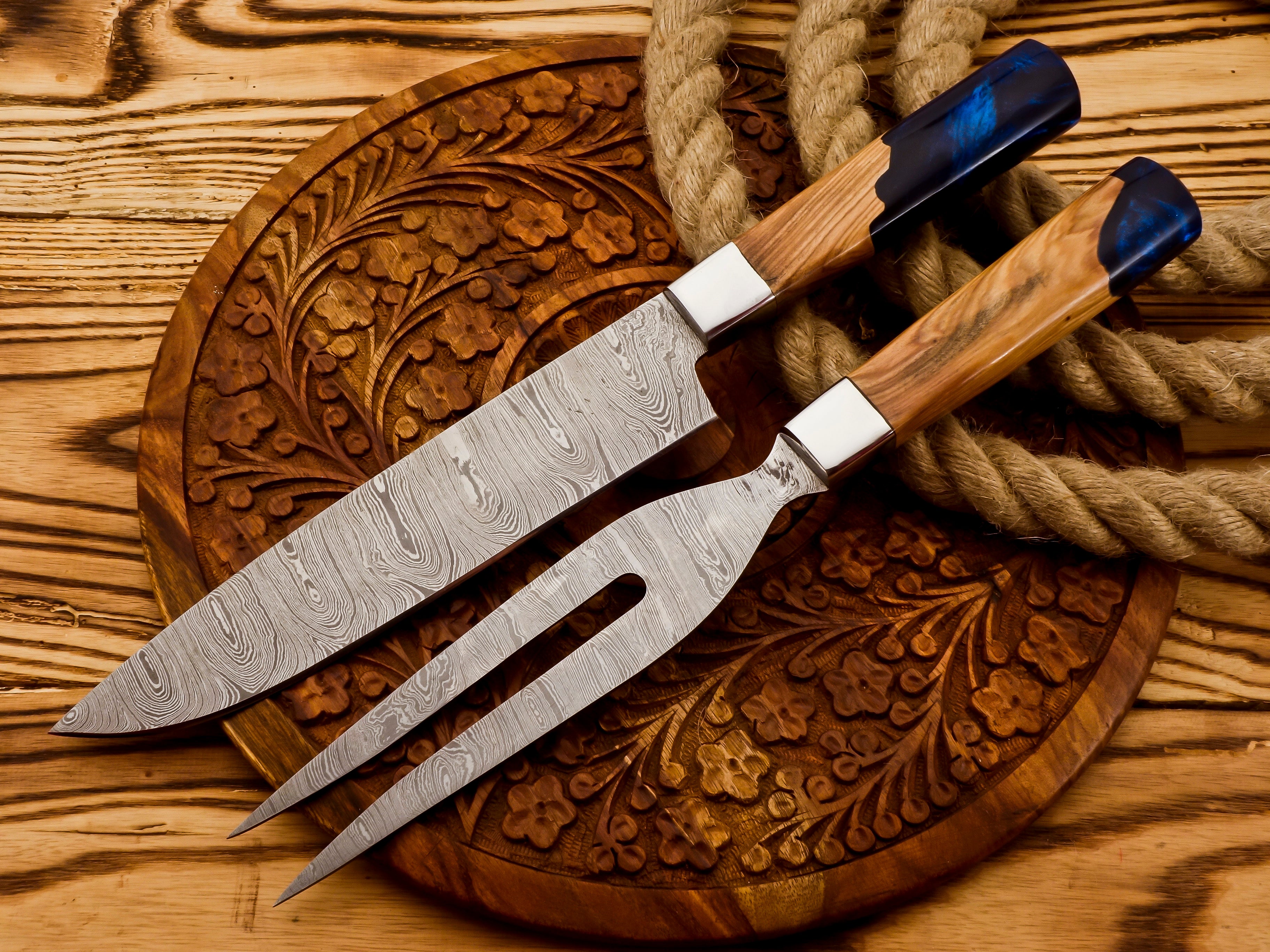 Handmade Damascus Steel Carving Knife and Fork Set – BBQ Roast Knife & Fork Set (2PC) – $90.00