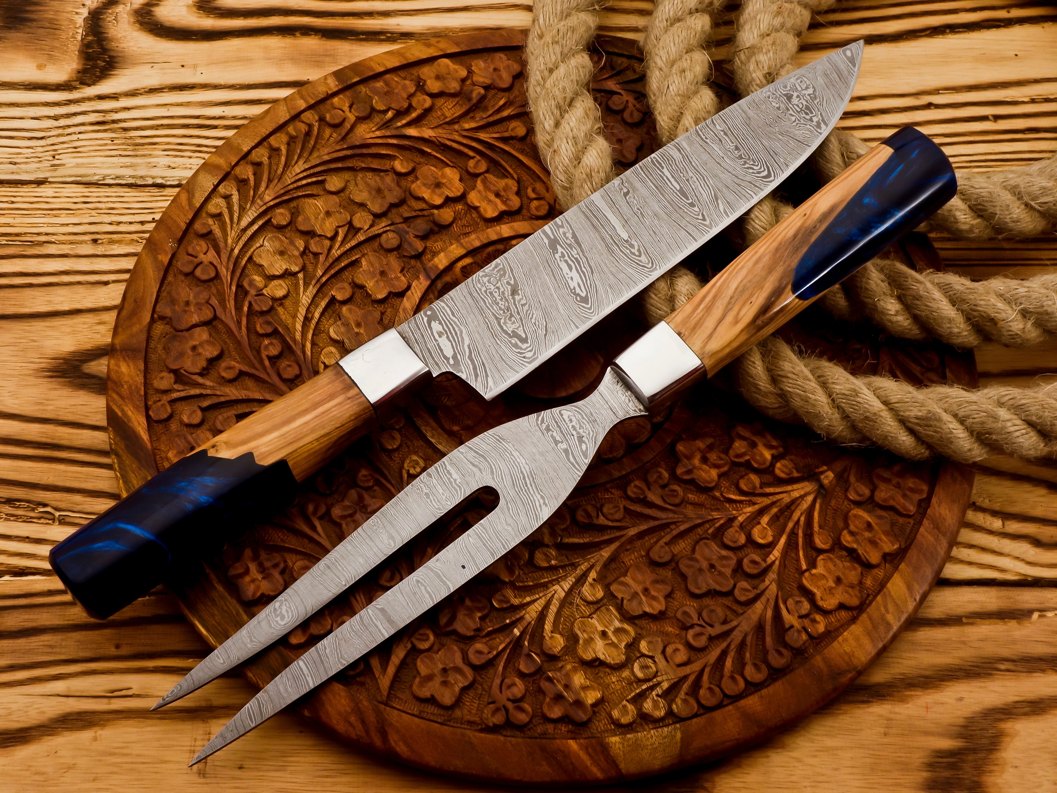 Handmade Damascus Steel Carving Knife and Fork Set – BBQ Roast Knife & Fork Set (2PC) – $90.00