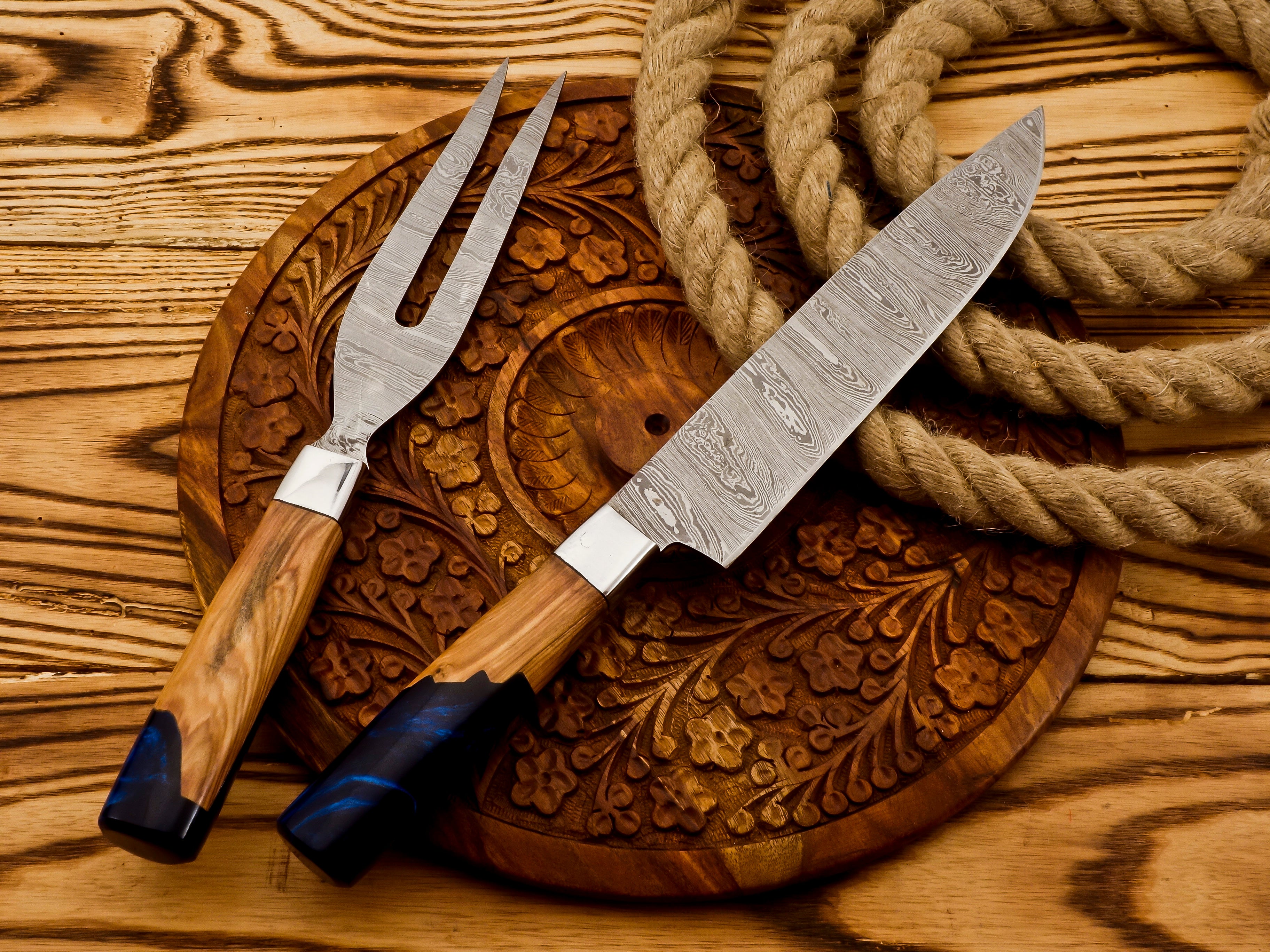 Handmade Damascus Steel Carving Knife and Fork Set – BBQ Roast Knife & Fork Set (2PC) – $90.00