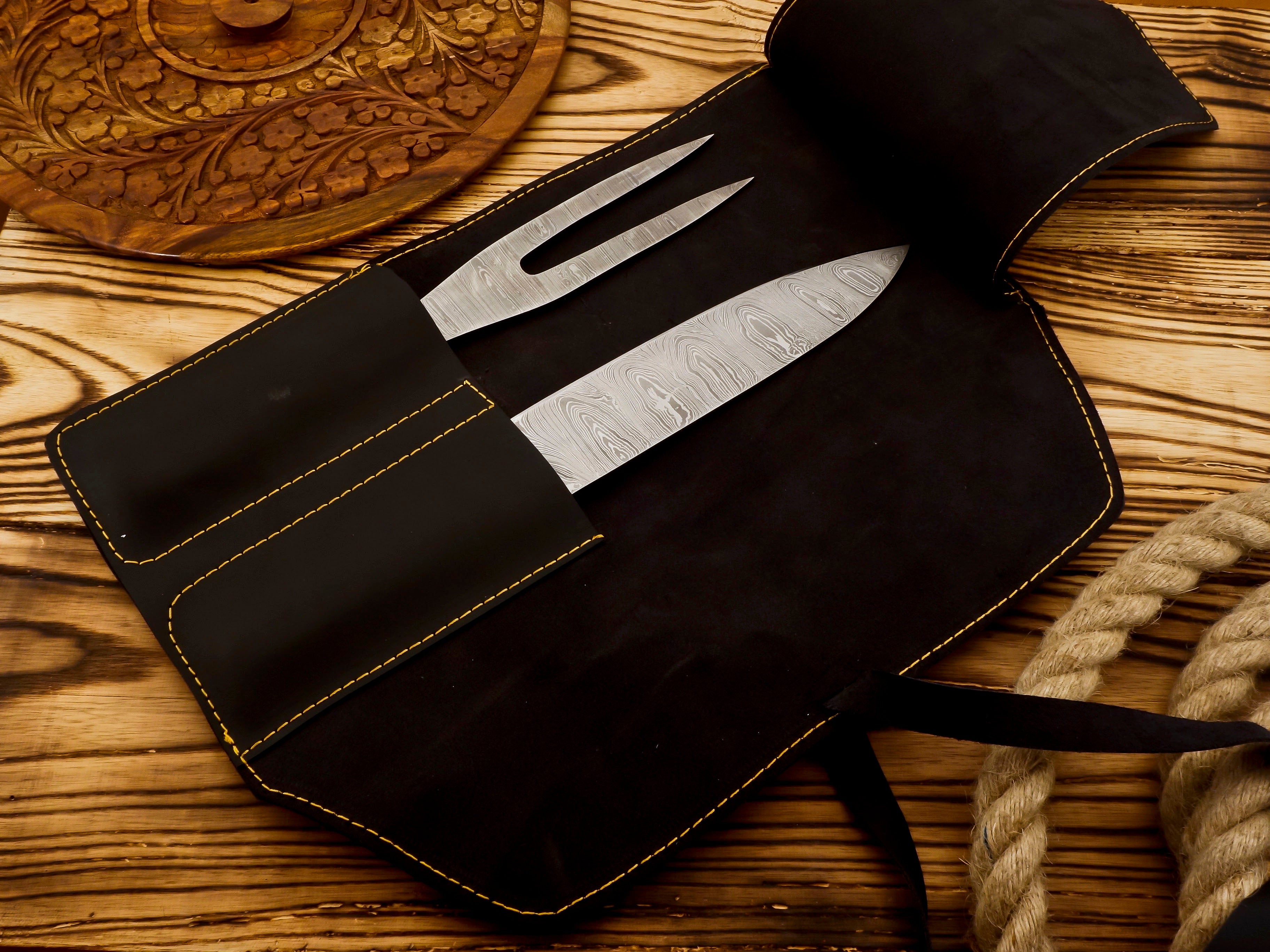 Handmade Damascus Steel Carving Knife and Fork Set – BBQ Roast Knife & Fork Set (2PC) – $90.00