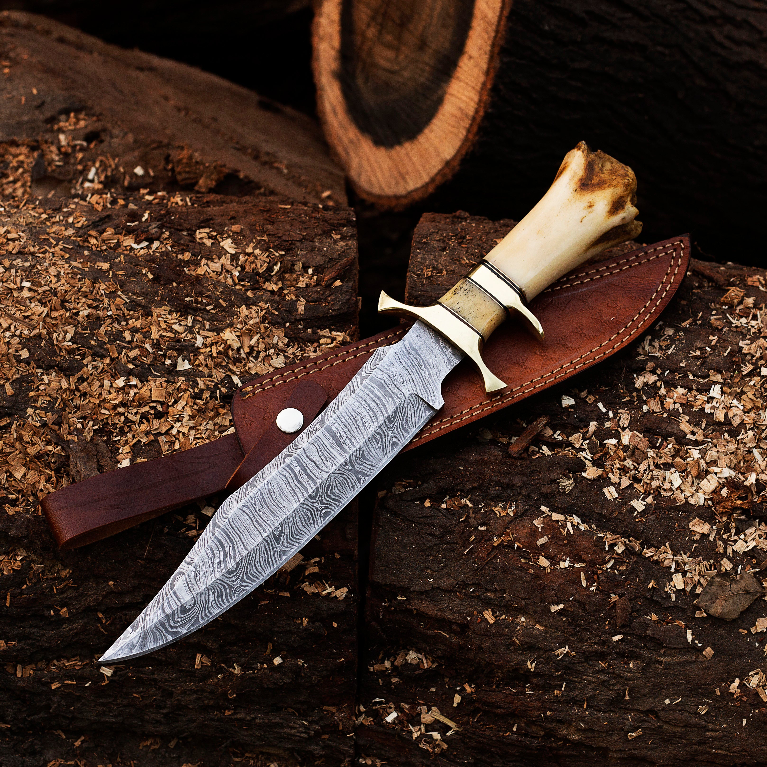 Handmade Damascus Bowie Knife Sharp Blade Camel Bone Handle With Leather Sheath