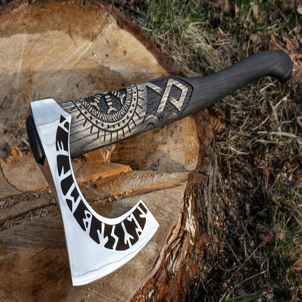 Viking Axe Hatchet- 27" Long Helm of Awe Carved Axe Forged Steel Axe with Engraving Medieval Viking Tomahawk Runic Bearded Axe with Genuine Leather Sheath