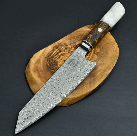 Damascus Steel Knife with Exotic Olive Wood Burl &amp; Mother of Pearl Handle