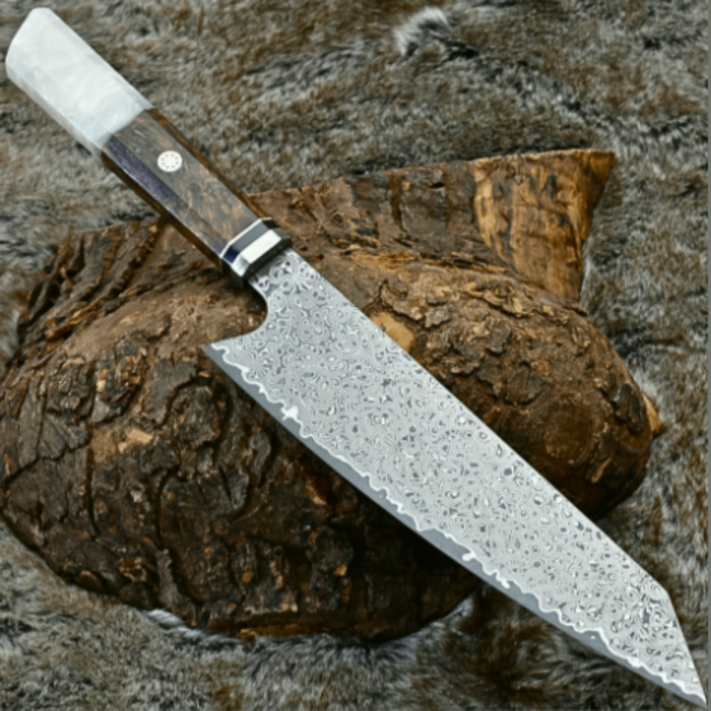 Damascus Steel Knife with Exotic Olive Wood Burl &amp; Mother of Pearl Handle