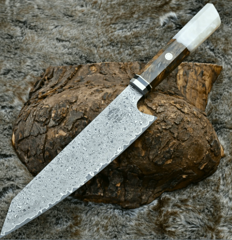 Damascus Steel Knife with Exotic Olive Wood Burl &amp; Mother of Pearl Handle