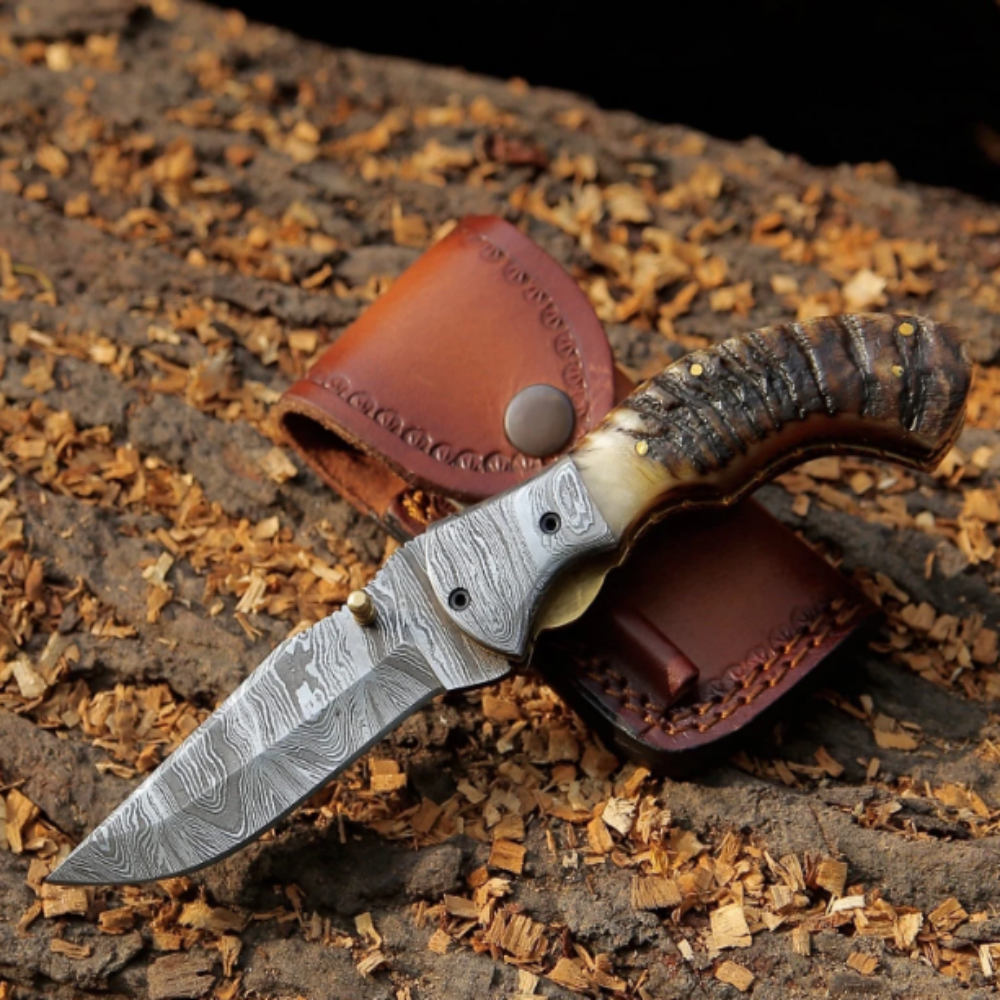 Best Handmade Damascus Steel Folding Blade Knife – Ram Horn Handle, Just $89