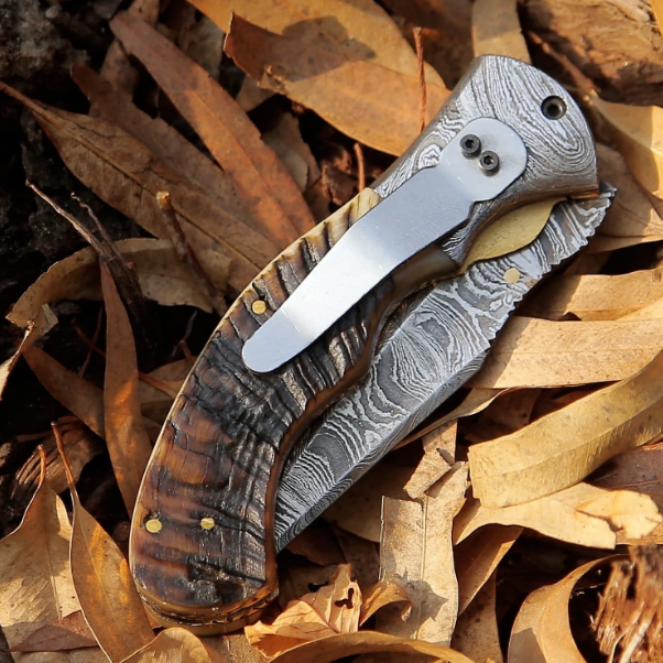 Best Handmade Damascus Steel Folding Blade Knife – Ram Horn Handle, Just $89