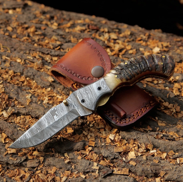 Best Handmade Damascus Steel Folding Blade Knife – Ram Horn Handle, Just $89