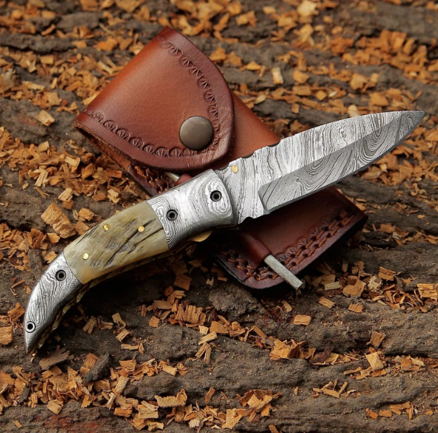 Best Handmade Damascus Steel Folding Blade Knife – Unique Ram Horn Handle, Only $89