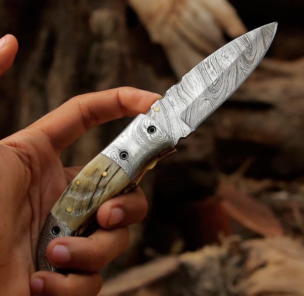 Best Handmade Damascus Steel Folding Blade Knife – Unique Ram Horn Handle, Only $89