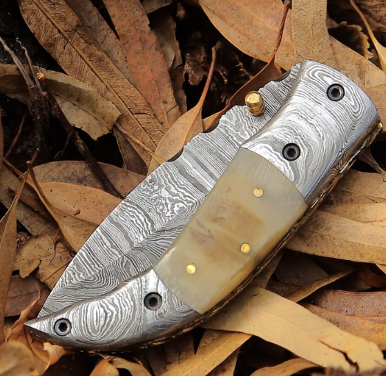 Best Handmade Damascus Steel Folding Blade Knife – Unique Ram Horn Handle, Only $89