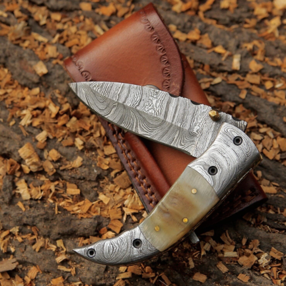 Best Handmade Damascus Steel Folding Blade Knife – Unique Ram Horn Handle, Only $89