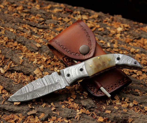 Best Handmade Damascus Steel Folding Blade Knife – Unique Ram Horn Handle, Only $89